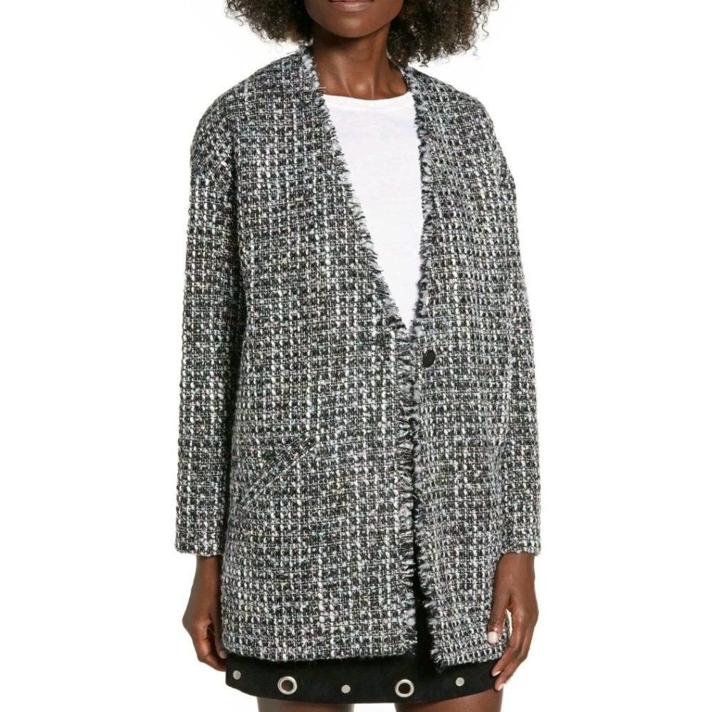 Leith Oversized Tweed Single Button Blazer Jacket L Black‎ White Metallic Woven